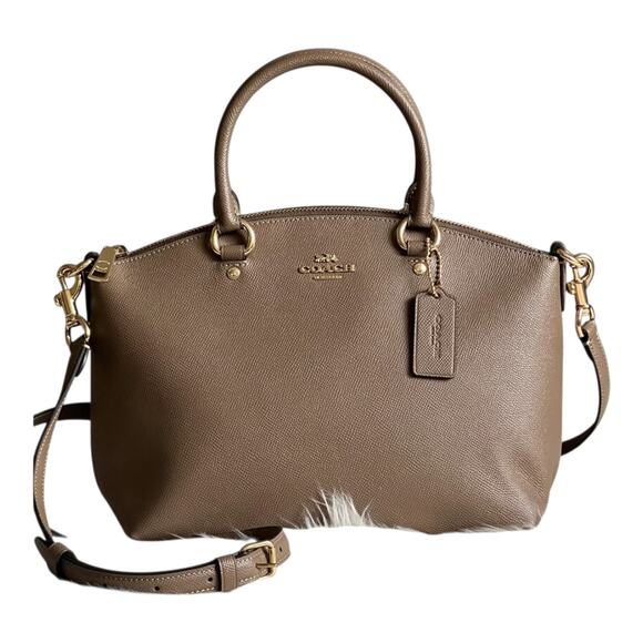 COACH SADIE SATCHEL BAG CROSSGRAIN LEATHER IN DARK STONE ADJUST. CROSSBODY NEW - Picture 1 of 16